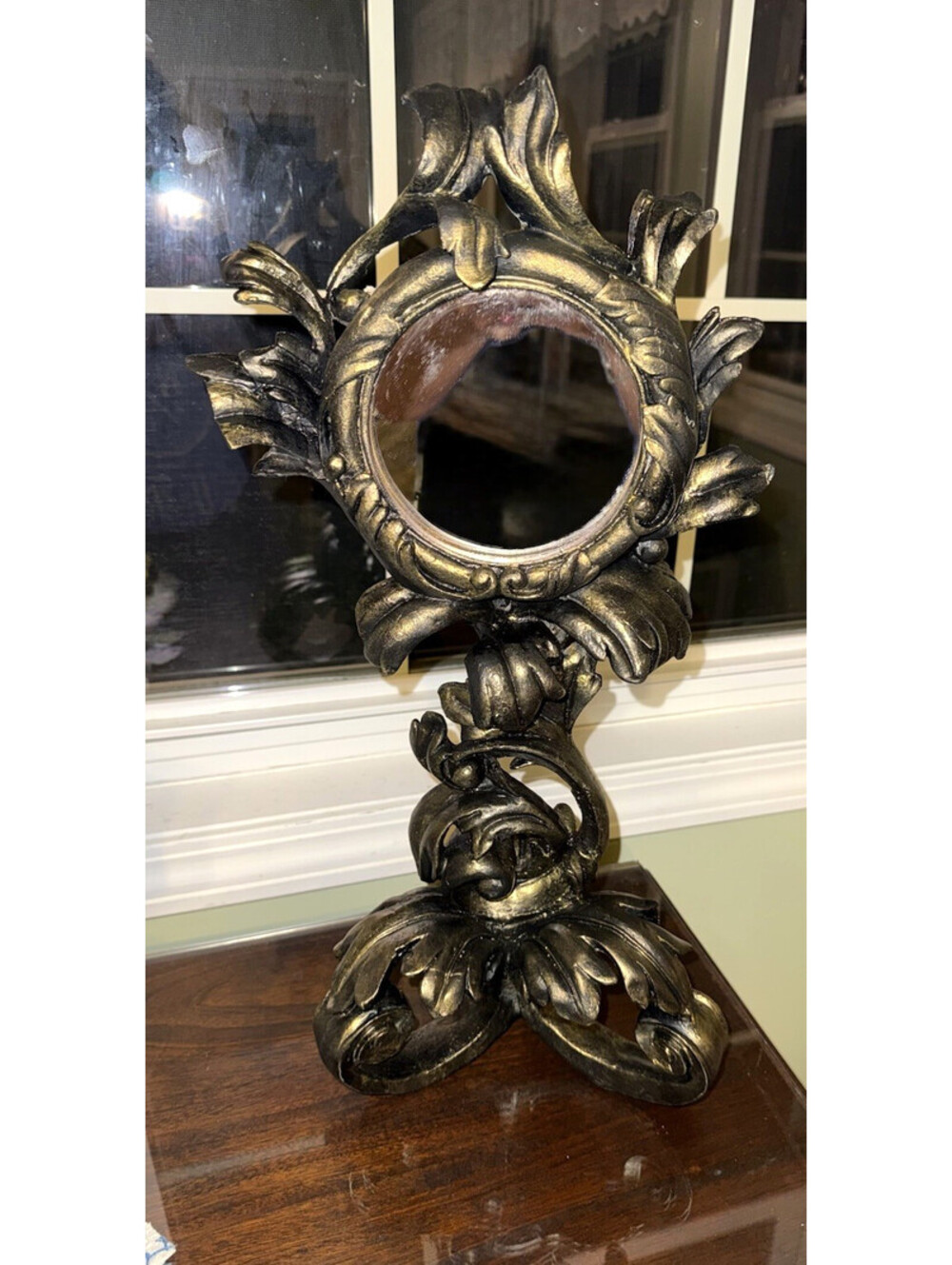 Vintage Ceramic Black ornate mirror with Gold dry brushing, MCM baroque, moody